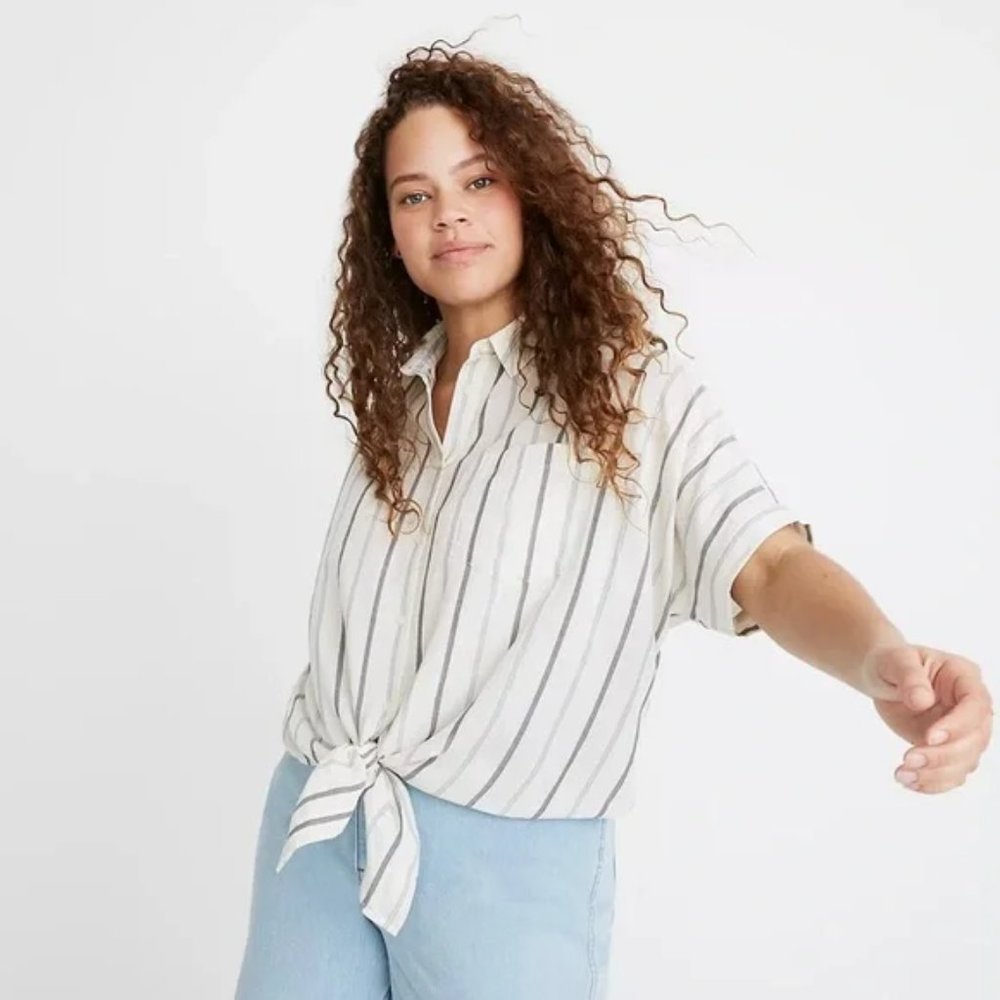 Madewell Tie-Front‎ Shirt in Montpellier Stripe, Short Sleeve, Size Small